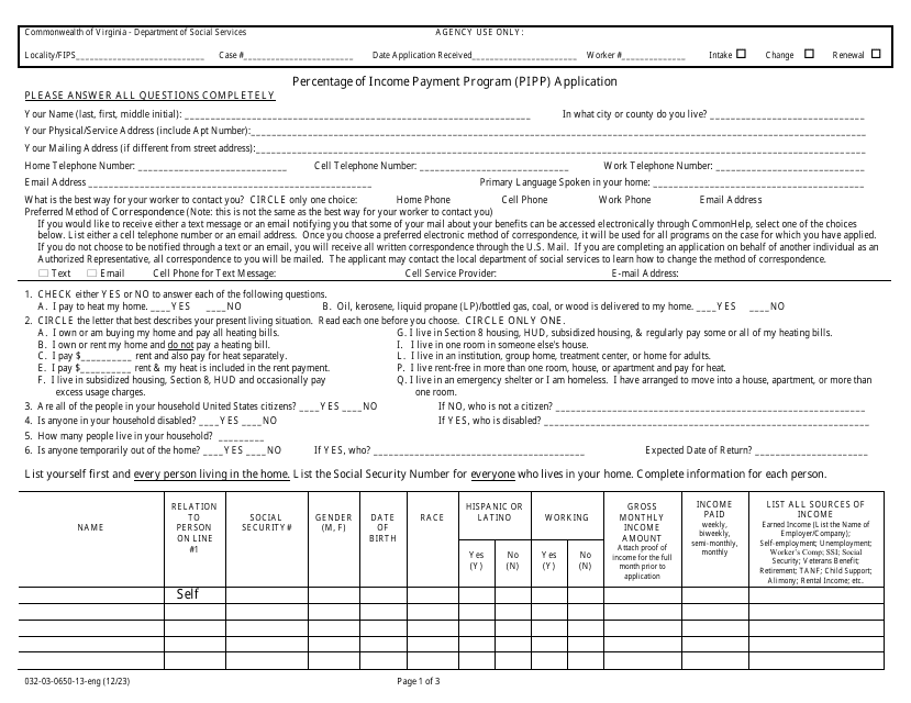 Form 032-03-0650-13-ENG Percentage of Income Payment Program (Pipp) Application - Virginia