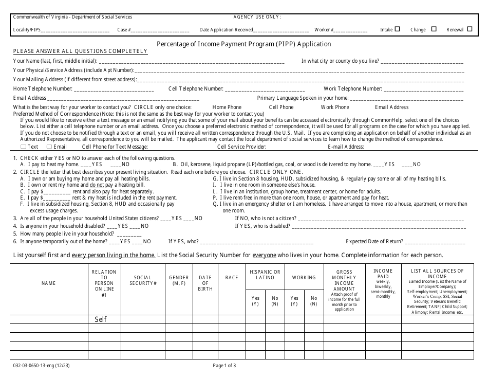 Form 032-03-0650-13-ENG Percentage of Income Payment Program (Pipp) Application - Virginia, Page 1