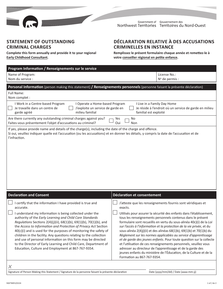 Form NWT8855 Statement of Outstanding Criminal Charges - Northwest Territories, Canada (English / French), Page 1