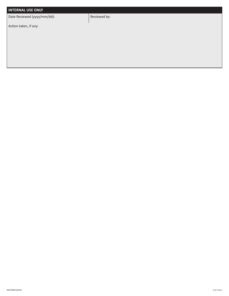 Form NWT8855 Statement of Outstanding Criminal Charges - Northwest Territories, Canada (English / French), Page 2