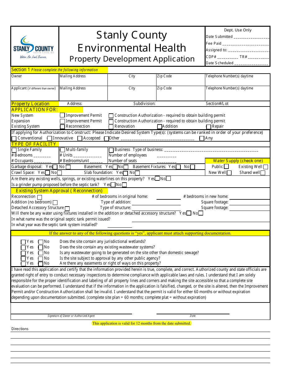 Site Evaluation Application - Stanly County, North Carolina, Page 1