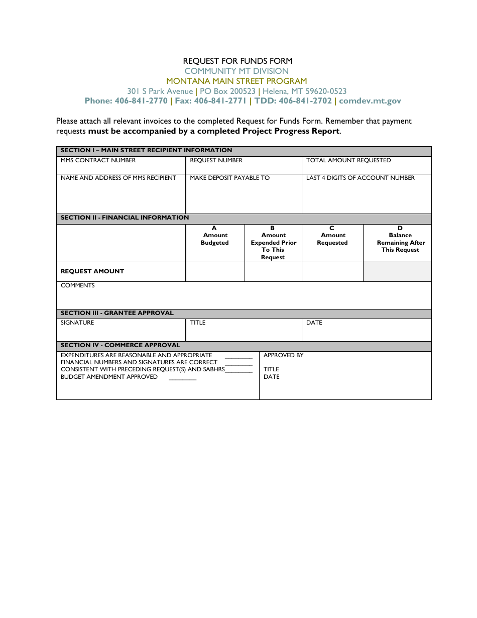 Request for Funds Form - Montana Main Street Program - Montana, Page 1