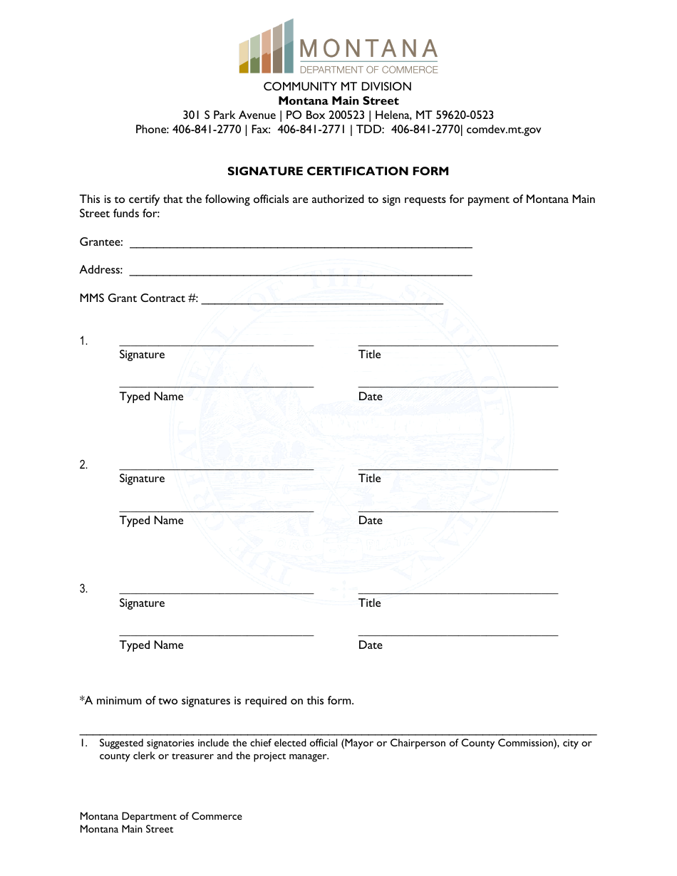 Signature Certification Form - Montana Main Street Program - Montana, Page 1