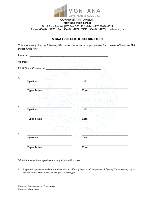 Signature Certification Form - Montana Main Street Program - Montana Download Pdf