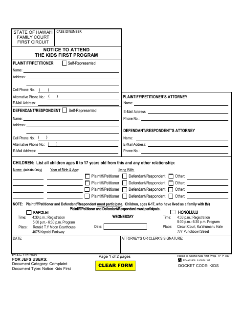 Form 1F-P-787 Notice to Attend the Kids First Program - Hawaii