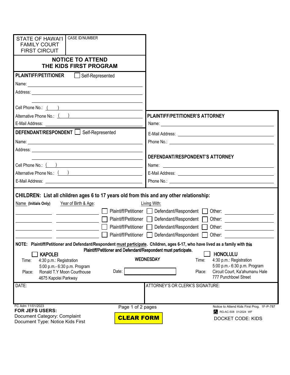 Form 1F-P-787 Notice to Attend the Kids First Program - Hawaii, Page 1