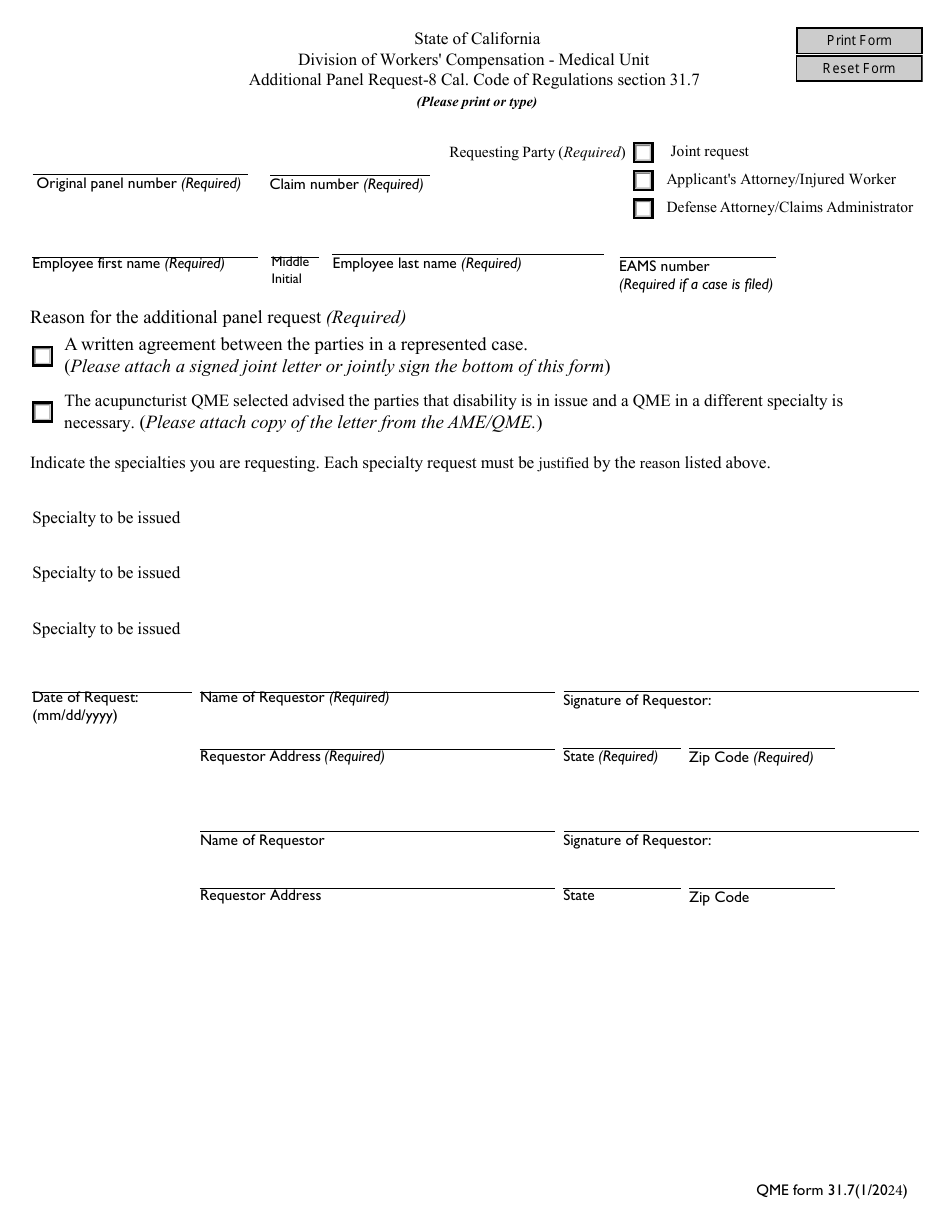 QME Form 31.7 Additional Panel Request - California, Page 1