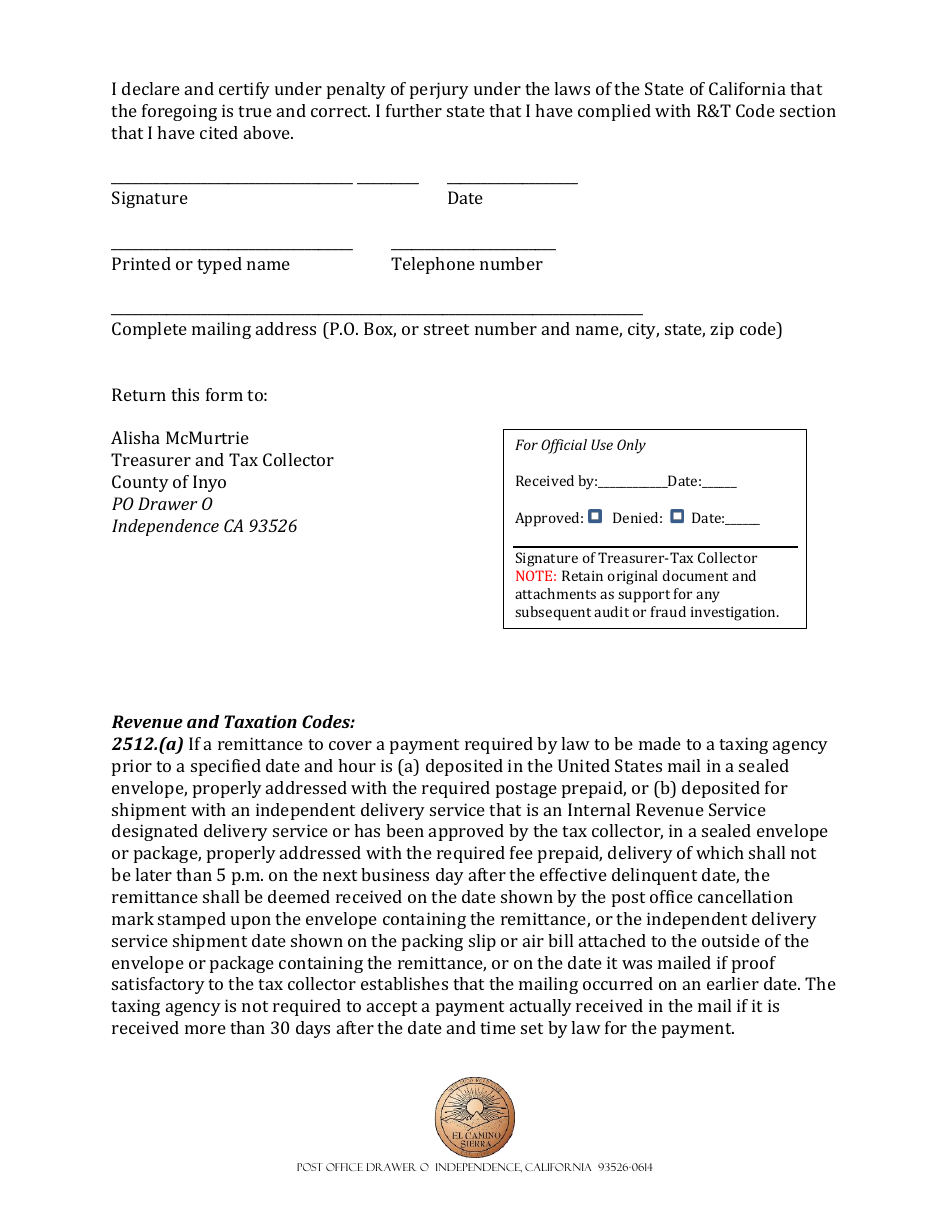 Penalty Waiver: Declaration of Remittance and Circumstances Beyond Taxpayers Control - Inyo County, California, Page 2