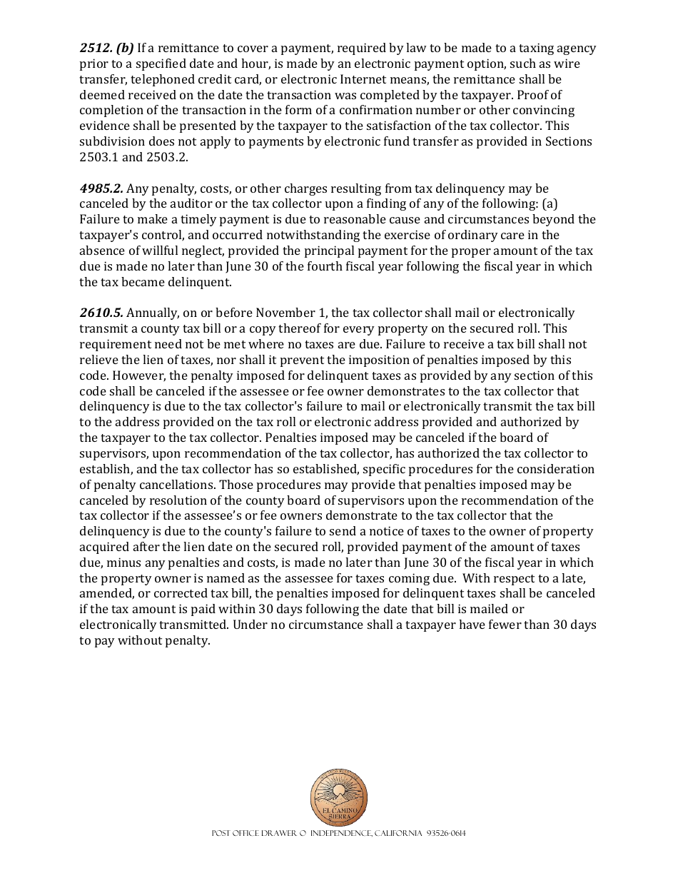 Penalty Waiver: Declaration of Remittance and Circumstances Beyond Taxpayers Control - Inyo County, California, Page 3