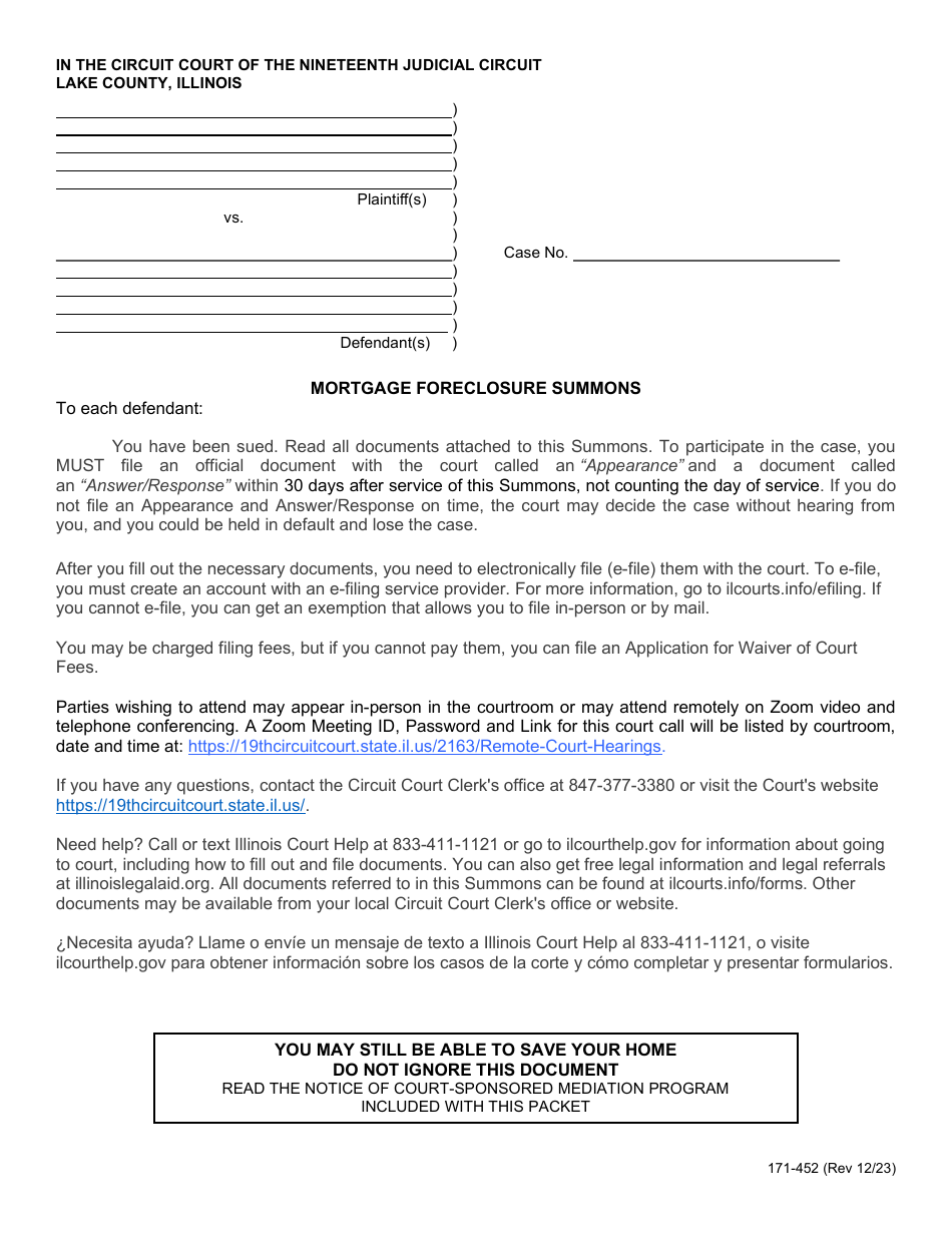Form 171-452 Mortgage Foreclosure Summons - Lake County, Illinois, Page 1