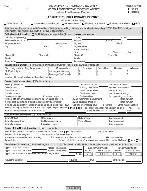 FEMA Form FF-206-FY-21-146 Adjuster's Preliminary Report