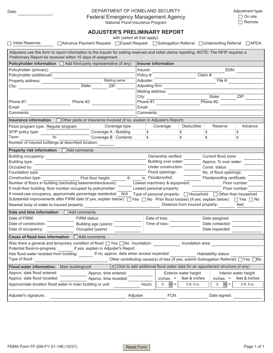FEMA Form FF-206-FY-21-146 Adjusters Preliminary Report, Page 1
