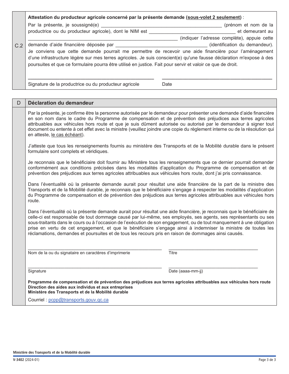 Forme V-3402 Volet 2 Demande Daide Financiere - Prevention DES Prejudices - Programme De Compensation Et De Prevention DES Prejudices Aux Terres Agricoles Attribuables Aux Vehicules Hors Route (Pcpp) - Quebec, Canada (French), Page 3