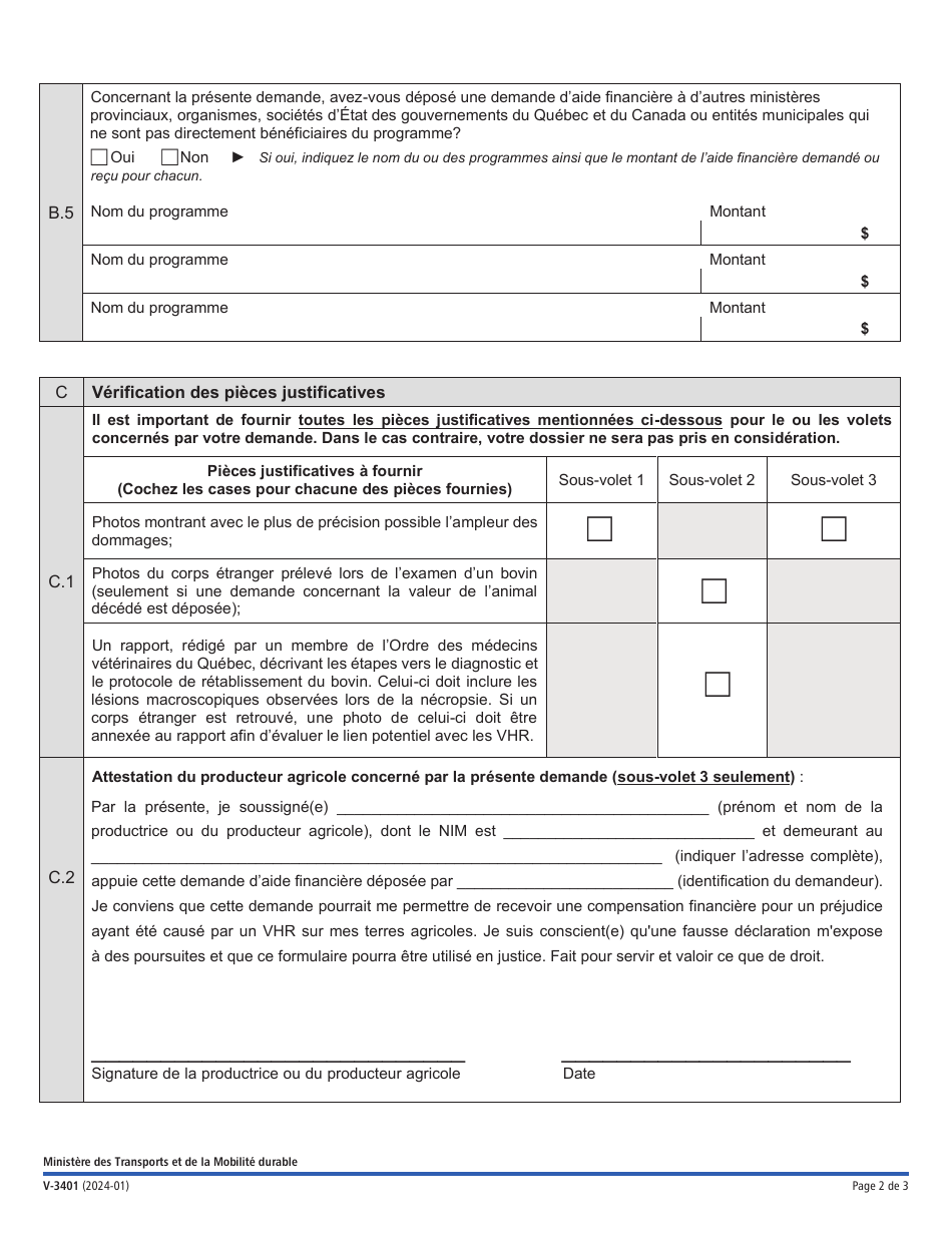 Forme V-3401 Volet 1 Demande De Compensation Financiere - Compensation DES Prejudices - Programme De Compensation Et De Prevention DES Prejudices Aux Terres Agricoles Attribuables Aux Vehicules Hors Route (Pcpp) - Quebec, Canada (French), Page 2