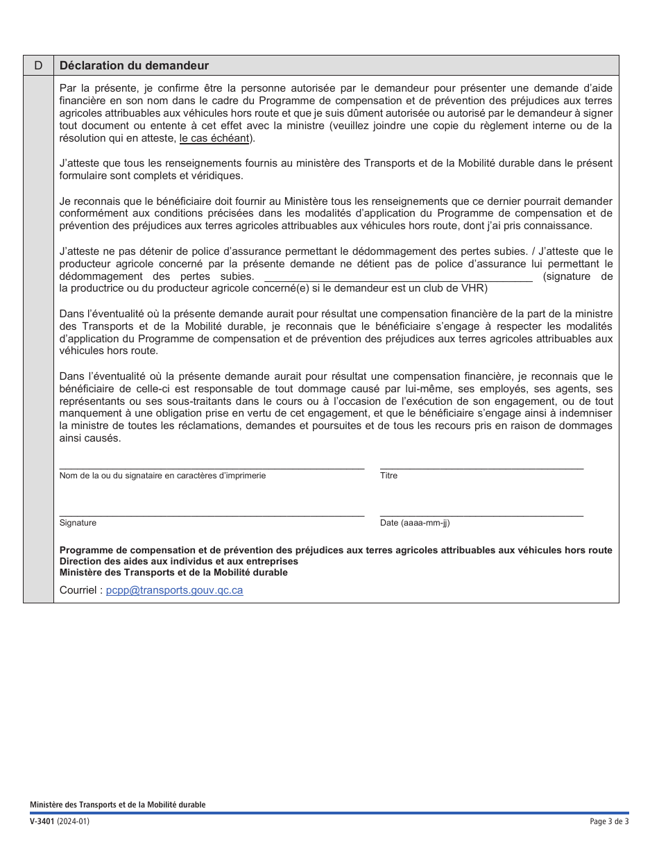 Forme V-3401 Volet 1 Demande De Compensation Financiere - Compensation DES Prejudices - Programme De Compensation Et De Prevention DES Prejudices Aux Terres Agricoles Attribuables Aux Vehicules Hors Route (Pcpp) - Quebec, Canada (French), Page 3