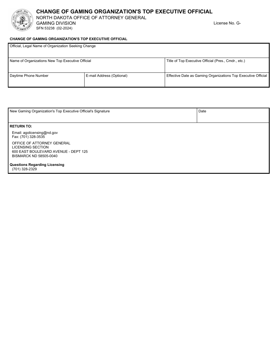 Form SFN53238 Change of Gaming Organizations Top Executive Official - North Dakota, Page 1