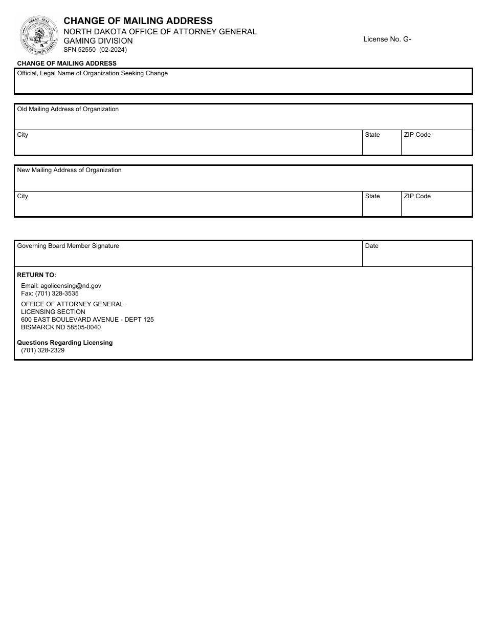 Form SFN52550 Change of Mailing Address - North Dakota, Page 1