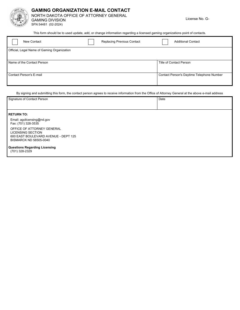 Form SFN54481 Gaming Organization E-Mail Contact - North Dakota, Page 1