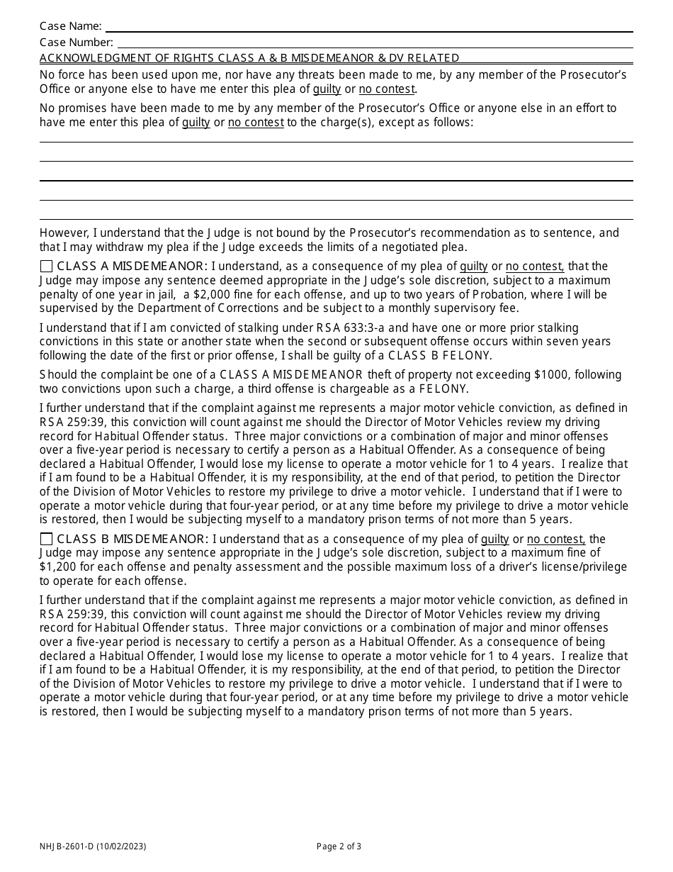Form NHJB-2601-D Acknowledgment of Rights - Class a  B Misdemeanor and Dv Related - New Hampshire, Page 2