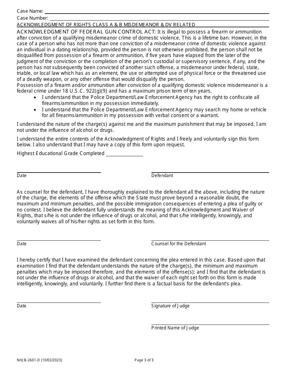 Form NHJB-2601-D Acknowledgment of Rights - Class a  B Misdemeanor and Dv Related - New Hampshire, Page 3