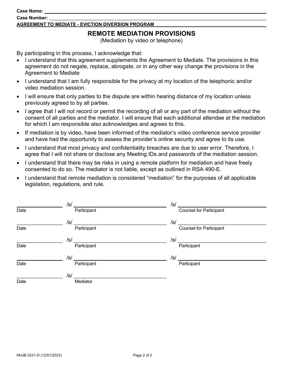 Form NHJB-3231-D Agreement to Mediate - Eviction Diversion Program - New Hampshire, Page 2