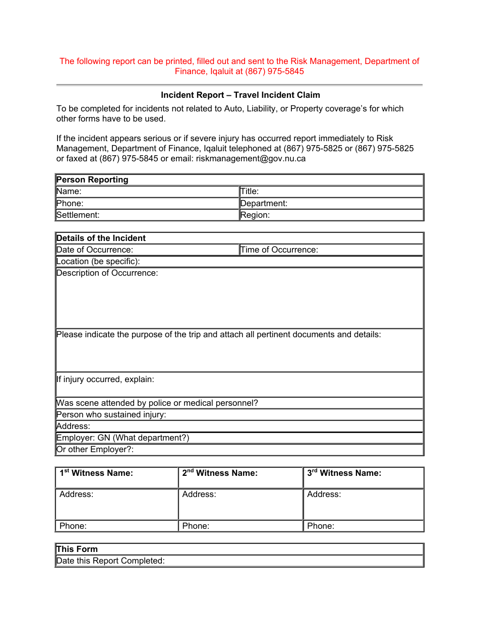 Incident Report - Travel Incident Claim - Nunavut, Canada, Page 1