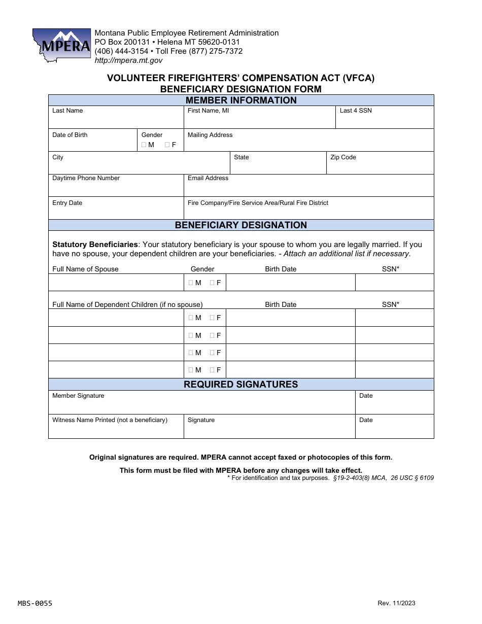 Form MBS-0055 Volunteer Firefighters Compensation Act (Vfca) Beneficiary Designation Form - Montana, Page 1