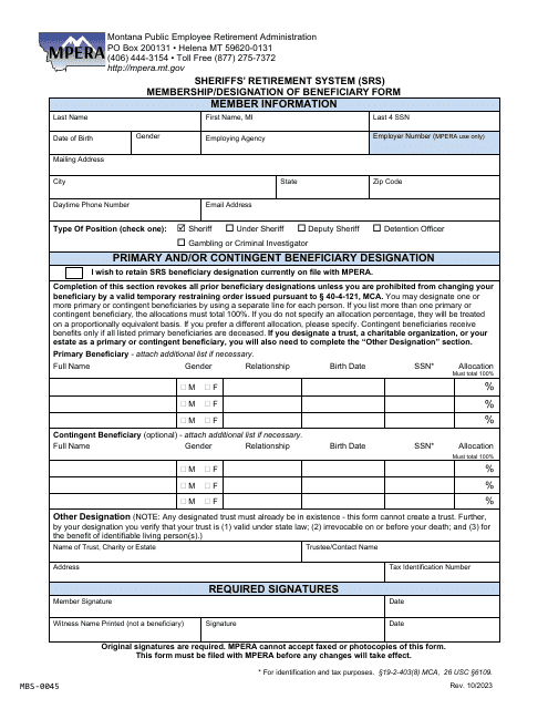 Form MBS-0045 Sheriffs' Retirement System (Srs) Membership/Designation of Beneficiary Form - Montana