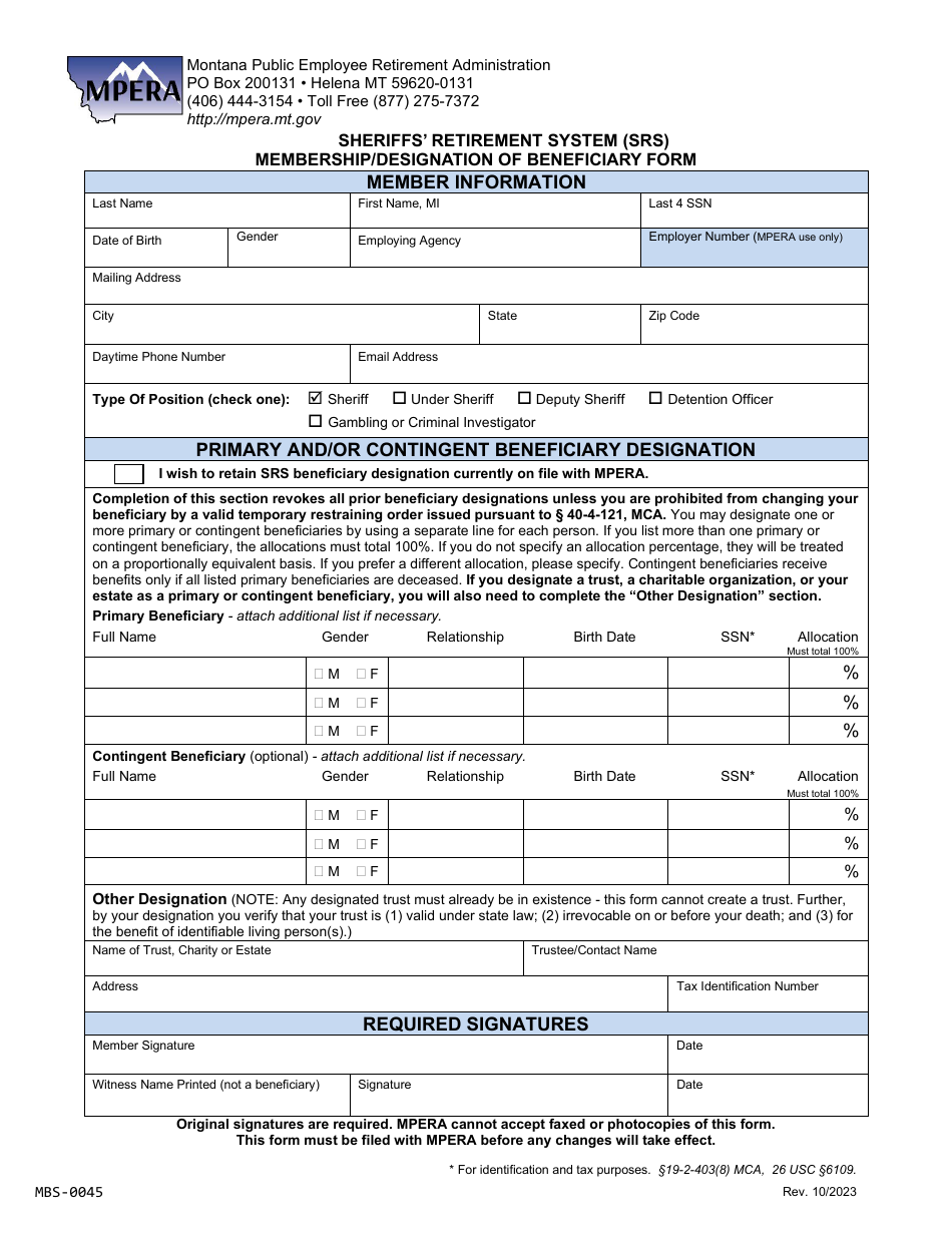 Form MBS-0045 Sheriffs Retirement System (Srs) Membership / Designation of Beneficiary Form - Montana, Page 1