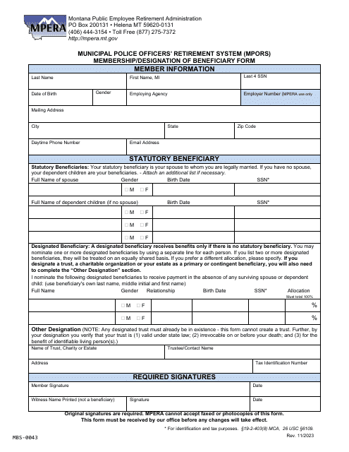 Form MBS-0043 Municipal Police Officers' Retirement System (Mpors) Membership/Designation of Beneficiary Form - Montana