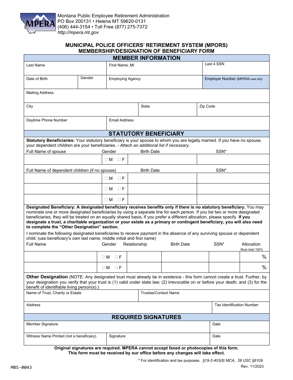 Form MBS-0043 Municipal Police Officers Retirement System (Mpors) Membership / Designation of Beneficiary Form - Montana, Page 1