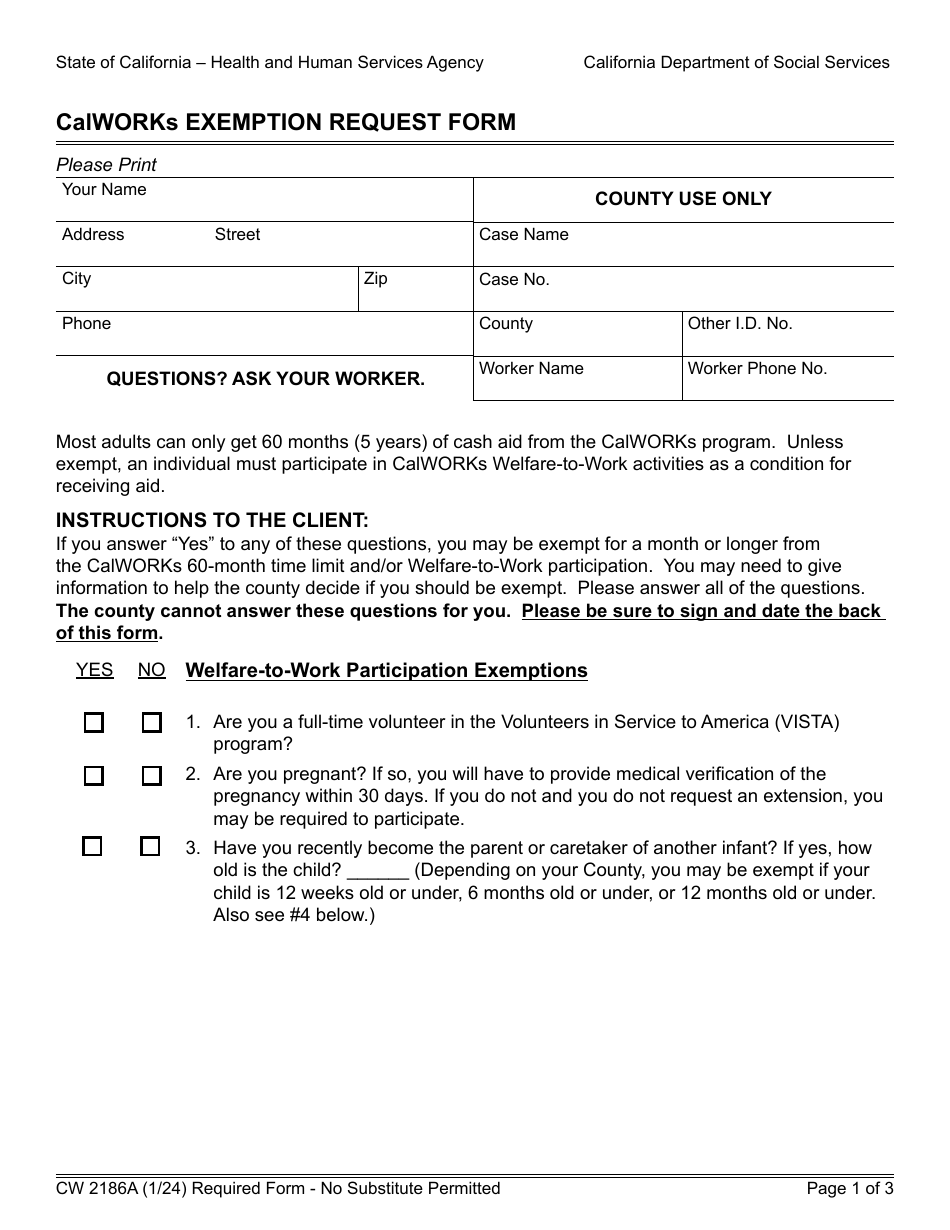 Form CW2186A Calworks Exemption Request Form - California, Page 1