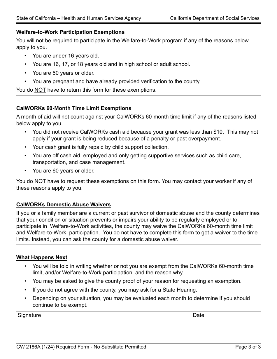Form CW2186A Calworks Exemption Request Form - California, Page 3