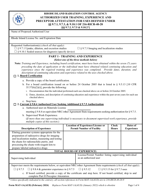 Form MAT-1A(AUD) Authorized User Training, Experience and Preceptor Attestation for Uses Defined Under 9.7.1, 9.7.3, & 9.10.1 of 216-ricr-40-20 - Rhode Island