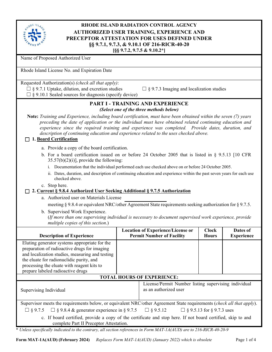 Form MAT-1A(AUD) Authorized User Training, Experience and Preceptor Attestation for Uses Defined Under 9.7.1, 9.7.3,  9.10.1 of 216-ricr-40-20 - Rhode Island, Page 1