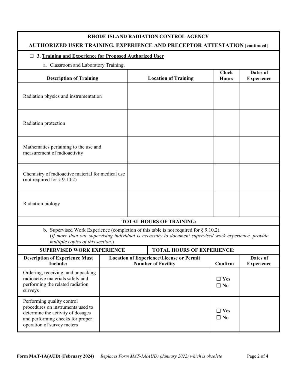 Form MAT-1A(AUD) Authorized User Training, Experience and Preceptor Attestation for Uses Defined Under 9.7.1, 9.7.3,  9.10.1 of 216-ricr-40-20 - Rhode Island, Page 2