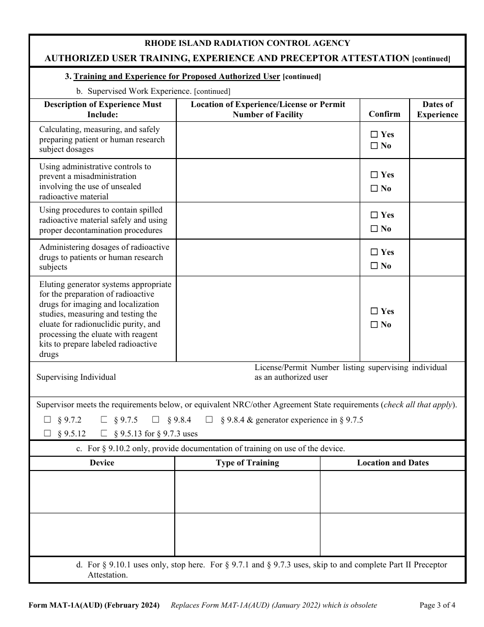 Form MAT-1A(AUD) Authorized User Training, Experience and Preceptor Attestation for Uses Defined Under 9.7.1, 9.7.3,  9.10.1 of 216-ricr-40-20 - Rhode Island, Page 3