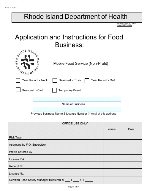 Application for Food Business: Mobile Food Service (Non-profit) - Rhode Island Download Pdf