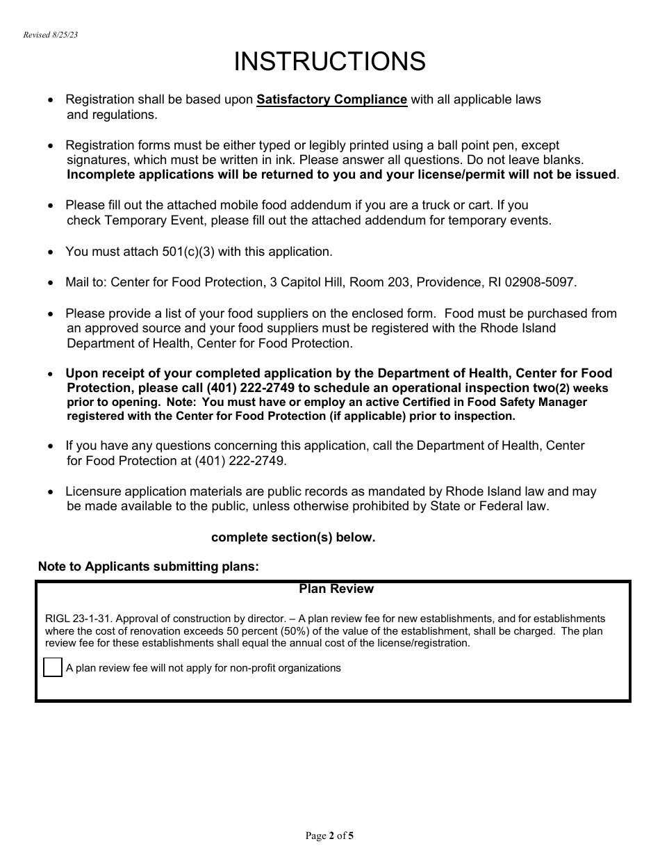 Application for Food Business: Mobile Food Service (Non-profit) - Rhode Island, Page 2