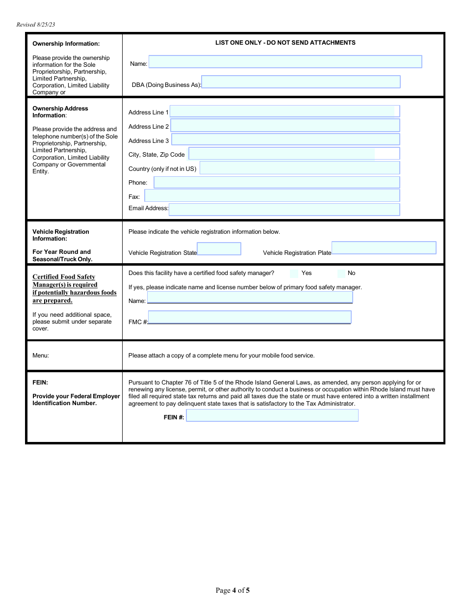 Application for Food Business: Mobile Food Service (Non-profit) - Rhode Island, Page 4
