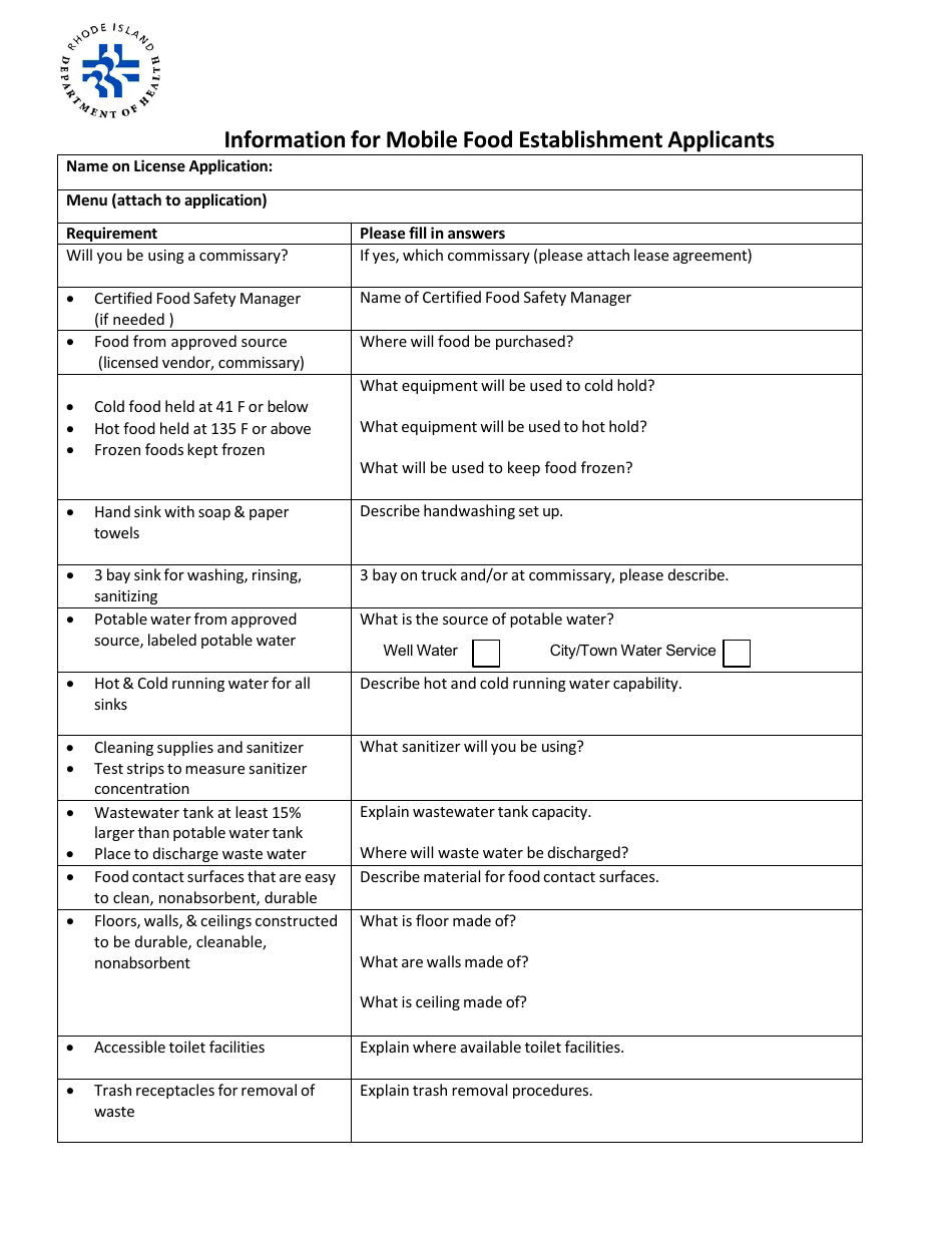 Application for Food Business: Mobile Food Service (Non-profit) - Rhode Island, Page 6