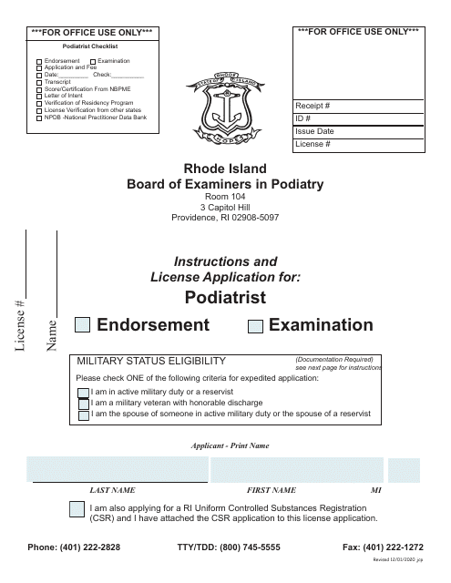 License Application for Podiatrist - Rhode Island Download Pdf