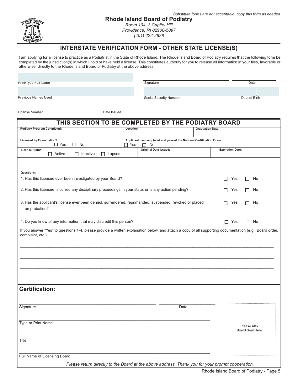 License Application for Podiatrist - Rhode Island, Page 5