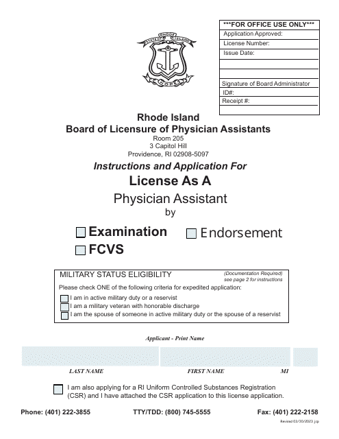 Application for License as a Physician Assistant by Examination / Endorsement / Fcvs - Rhode Island Download Pdf