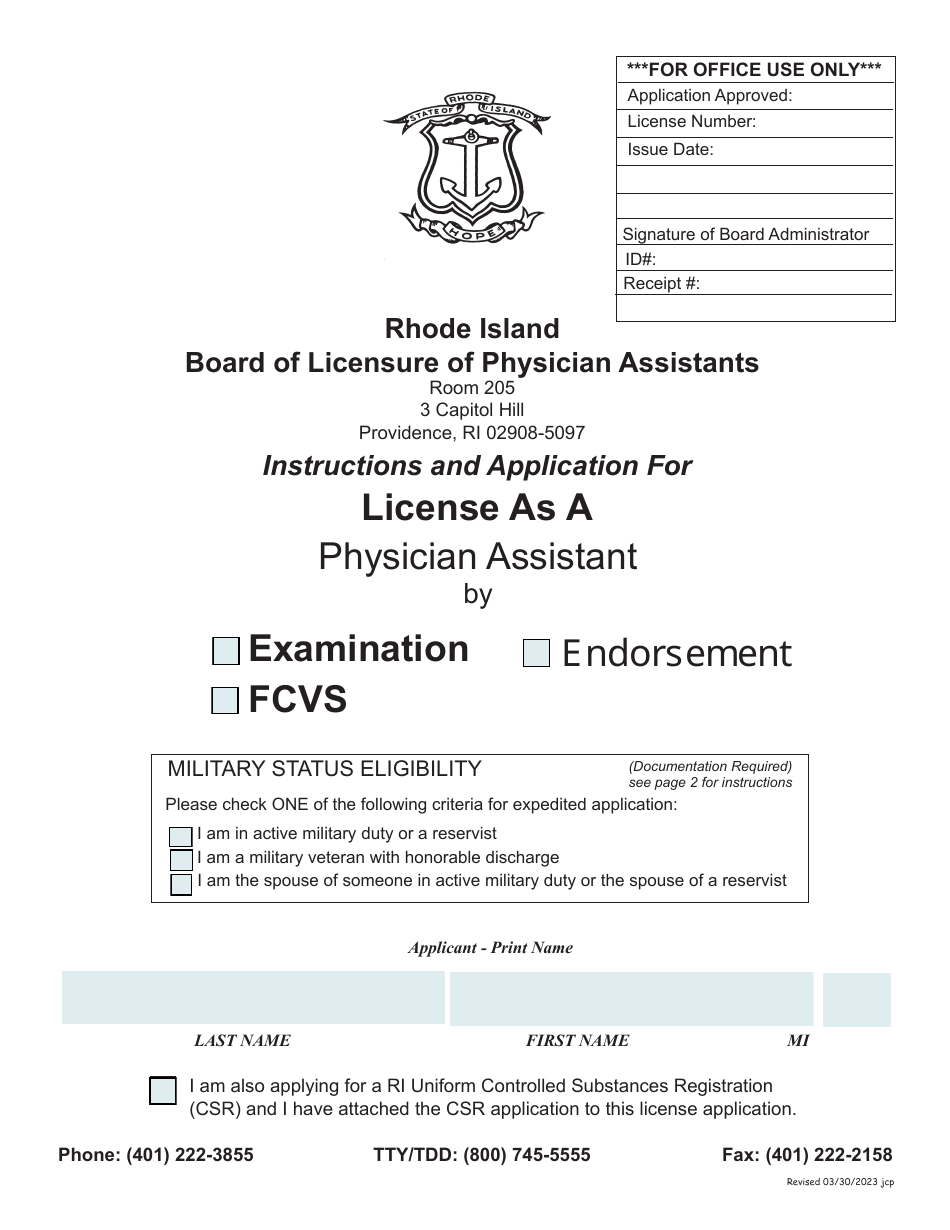 Application for License as a Physician Assistant by Examination / Endorsement / Fcvs - Rhode Island, Page 1