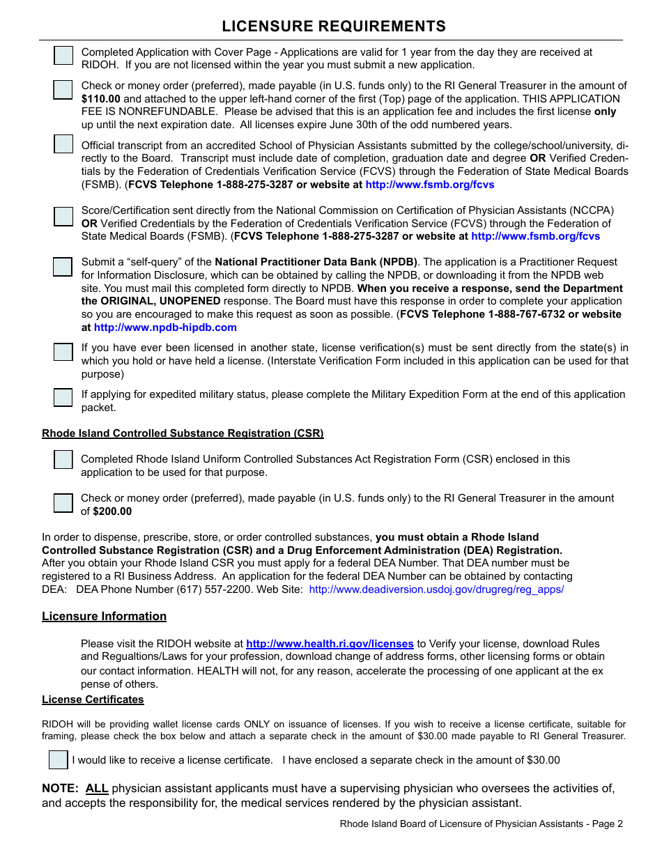 Application for License as a Physician Assistant by Examination / Endorsement / Fcvs - Rhode Island, Page 2