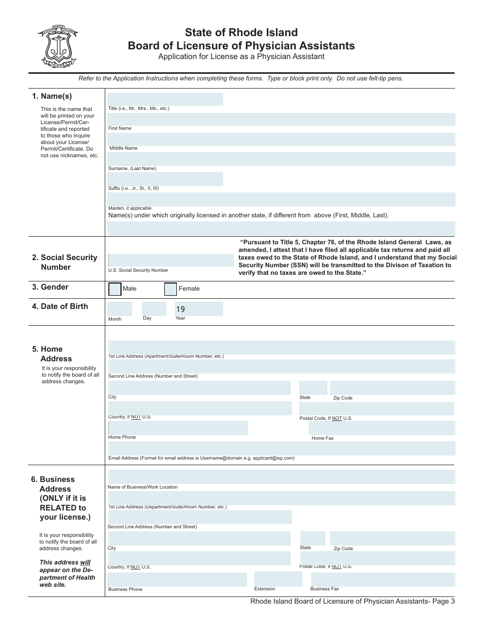 Application for License as a Physician Assistant by Examination / Endorsement / Fcvs - Rhode Island, Page 3