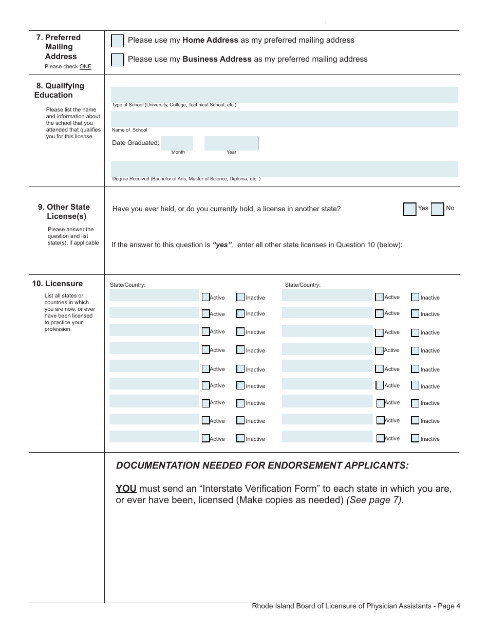 Application for License as a Physician Assistant by Examination / Endorsement / Fcvs - Rhode Island, Page 4