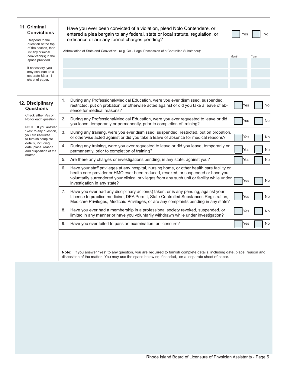 Application for License as a Physician Assistant by Examination / Endorsement / Fcvs - Rhode Island, Page 5