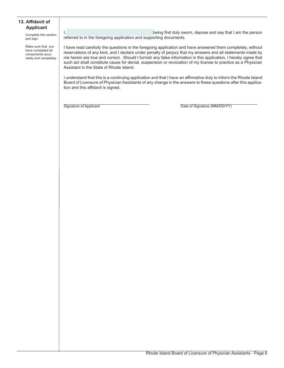 Application for License as a Physician Assistant by Examination / Endorsement / Fcvs - Rhode Island, Page 6